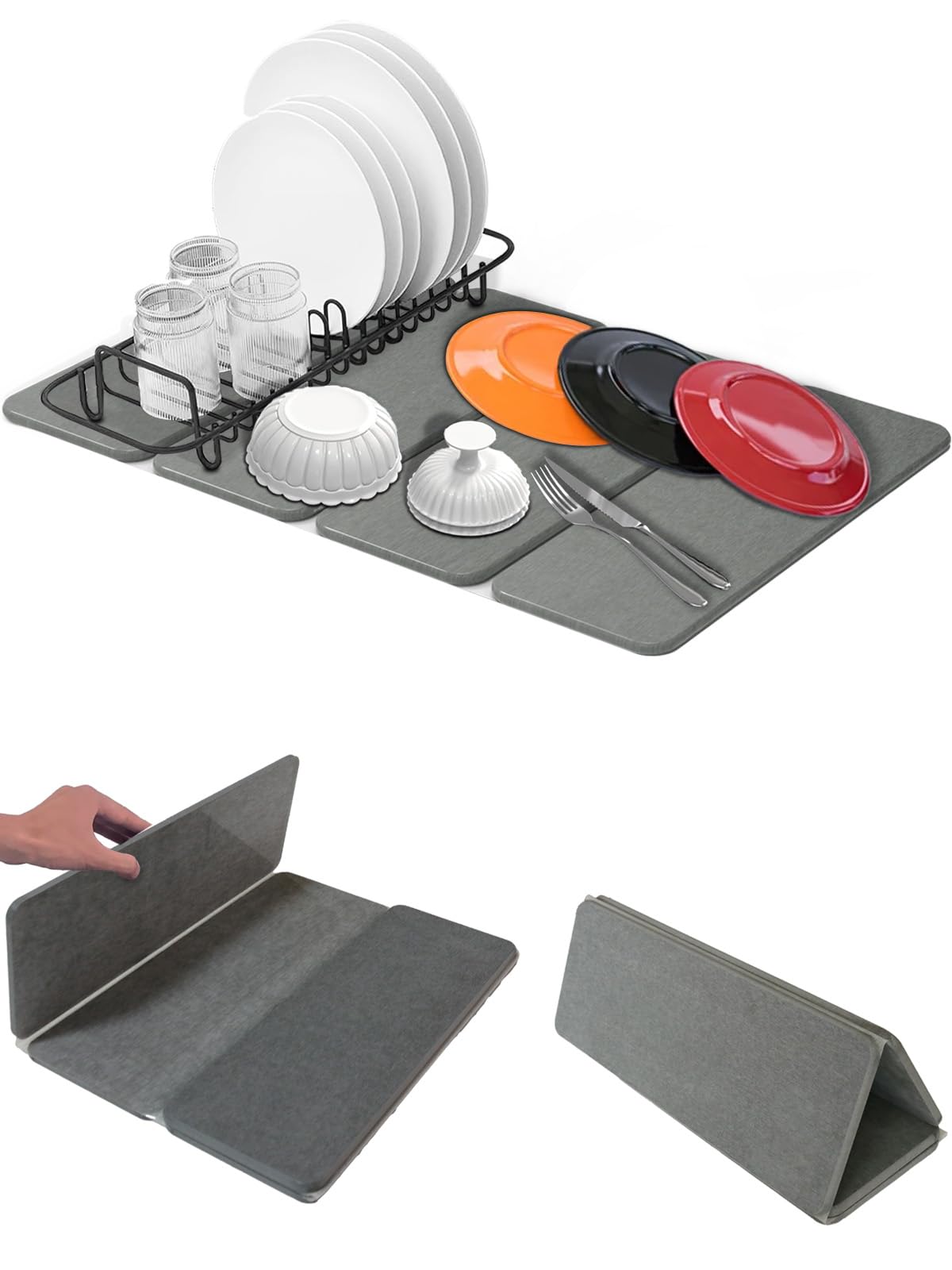 Photo 1 of Large Stone Dish Drying Mat for Kitchen Counter, 24x16 Inches Foldable Food Grade Super Absorbent Diatomaceous Earth Mats, 4-Folding Self-Drying Diatomite Matt for Dishes Sink Bathtub, Dark Gray
