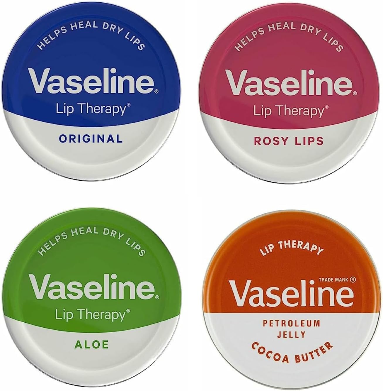 Vaseline Lip Balm - Petroleum Jelly - Lip Therapy - Original, Coco Butter, Alo VeraAnd Rosy 20g Tin - Soothes Dry Lips - Pack Of 4