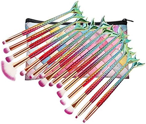 AprFairy 15pcs Mermaid Eye Brushes with Pink Makeup Bag Make Up Eye Brush Set Eyeshadow Eyeliner Eyebrow Kit Blending Beauty Tools - Red Green Gradient