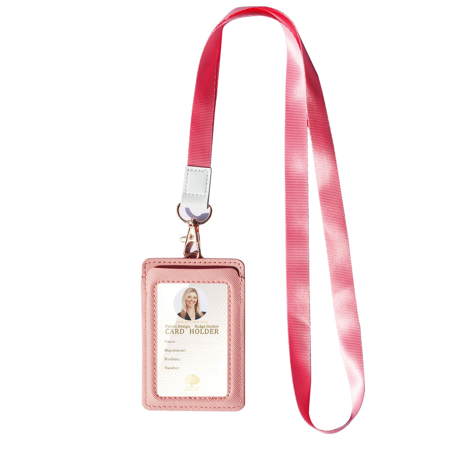Badge Holders,Leather ID Badge Holder,Vertical Leather ID Badge Card Holder with 1 Clear ID Window & 2 Elastic Credit Card Slot and 1 Detachable Neck Lanyard for Offices ID,School ID (Pink-B)