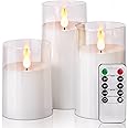Amagic Acrylic Flameless Candles, Battery Operated Candles, Flickering LED Pillar Candles with Remote Control and Timer, Yellow and Blue Glow, Set of 3