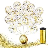Gold Confetti Balloons 12 inch - Party Decorations - Wedding Party Supplies - Birthday Decorations - Bachelorette Party Clear Latex Balloons - Gold Ribbon - Prefilled Confetti Dots - 24 Large Balloons