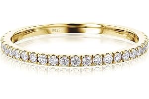 VISDIV 2mm 925 Sterling Silver Rings Gold Engagement Wedding Band Eternity Cubic Zirconia Simulated Diamond Stackable Ring for Women