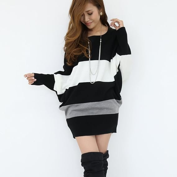 Amazon Co Jp ジュエル Op100 Jewel カシミアタッチ3配色ボーダードルマンニットワンピース M ブラックxグレー 服 ファッション小物