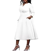 Nmoder Women's Plus Size Stretchy Flared Wrap Dress Casual Wedding Guest Midi Dresses V Neck 3/4 Sleeve A-Line Swing Dress