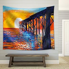 Oil Painting of Jetty(Pier) or Quay on Canvas.Rich Golden Sunset Over Ocean.Modern Impressionism - Fabric Wall Tapestry Home Decor - 51x60 inches