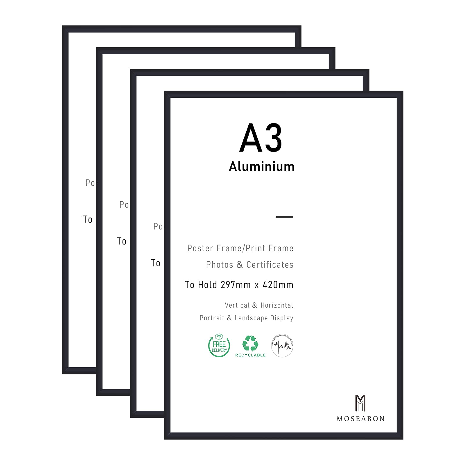 A3 Certificate Picture Frame,4 Pack Black Aluminium Photo Frame with plexiglass for Wall Mount Display,29.7x42 cm,Set of 4