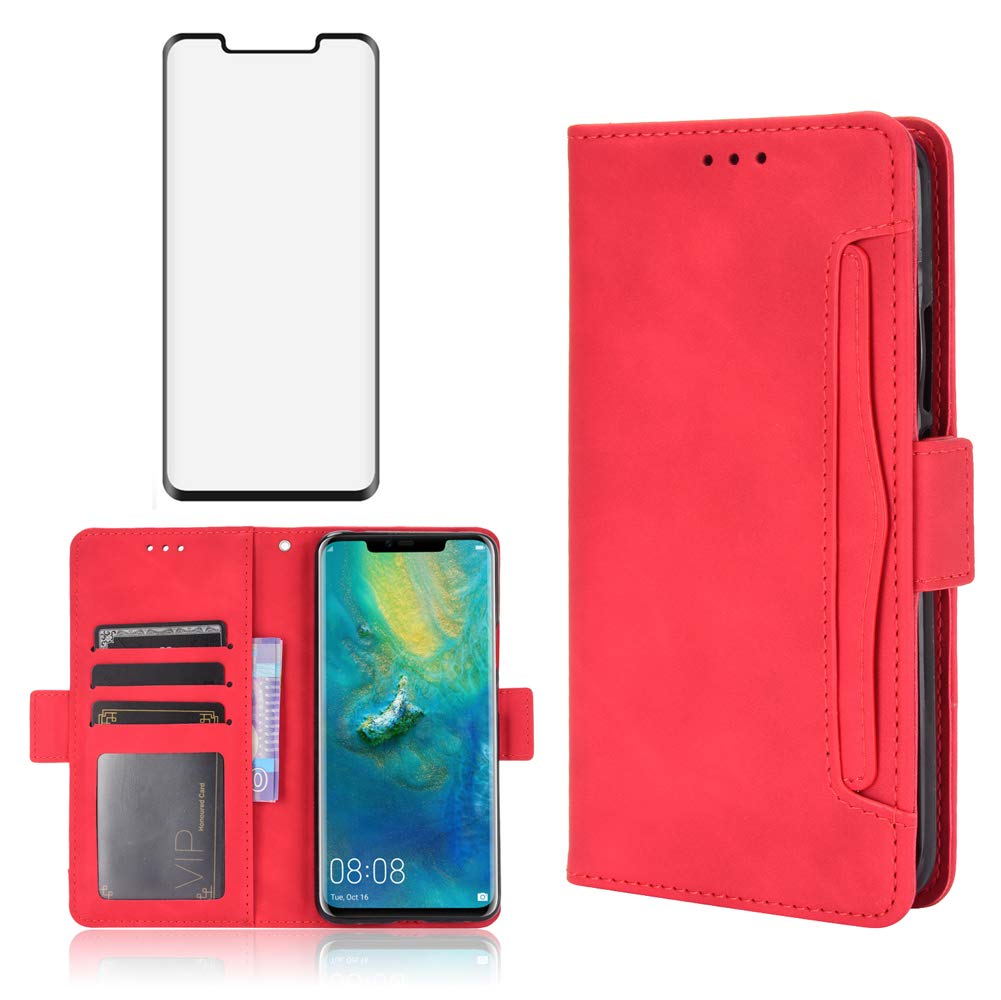 Phone Case for Huawei Mate 20 Pro With Tempered Glass Screen Protector Card Holder Slot Stand Kickstand Shockproof Protective Wallet Purse Leather Huwai Mate20pro Hwauei Hawaii Mate20 P20 20Pro Red