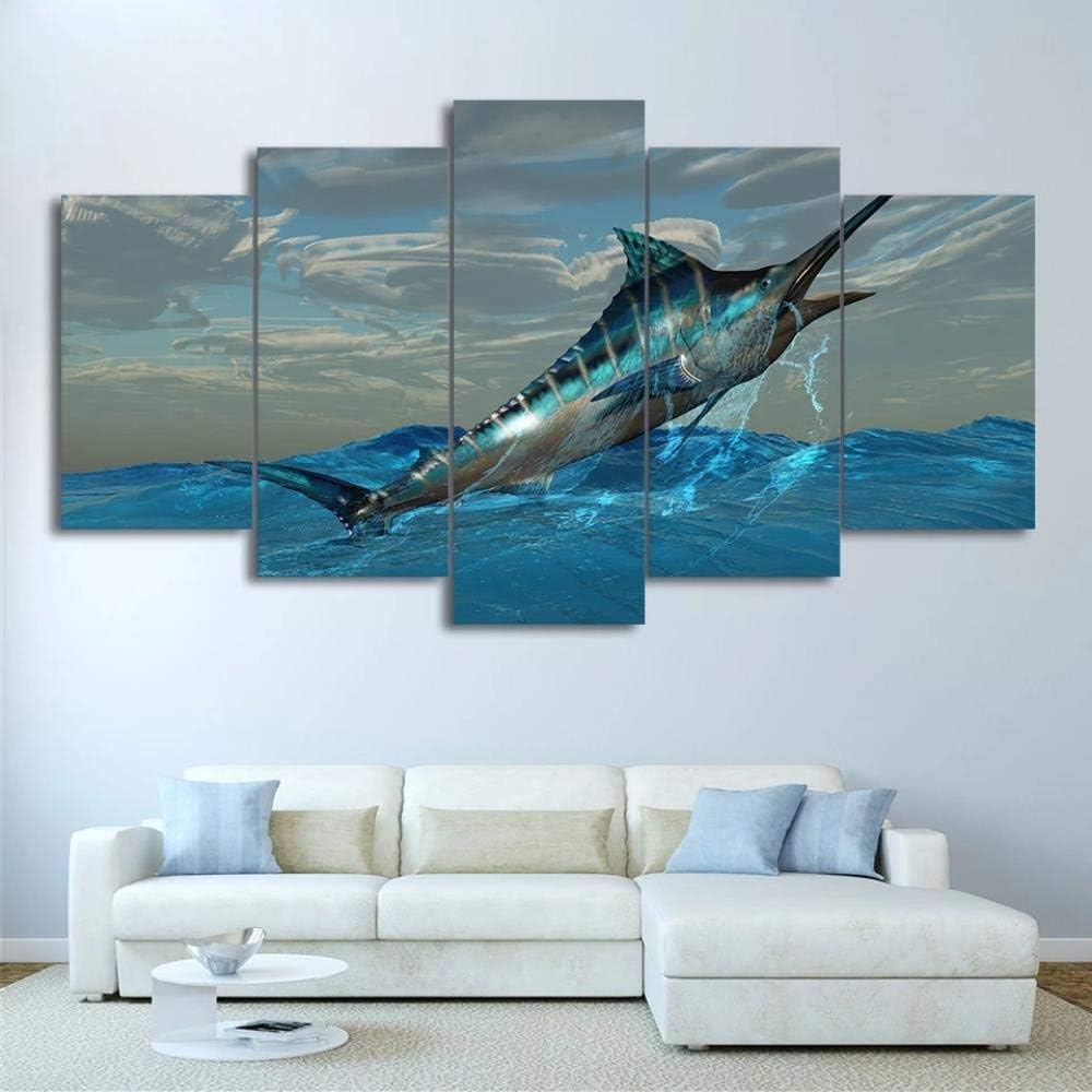 Amazon Co Jp キャンバスモジュラープリントリビングルームの装飾写真5個ジャンプマーリンマグロ魚の絵壁アートバショウカジキポスター フレームなし ホーム キッチン