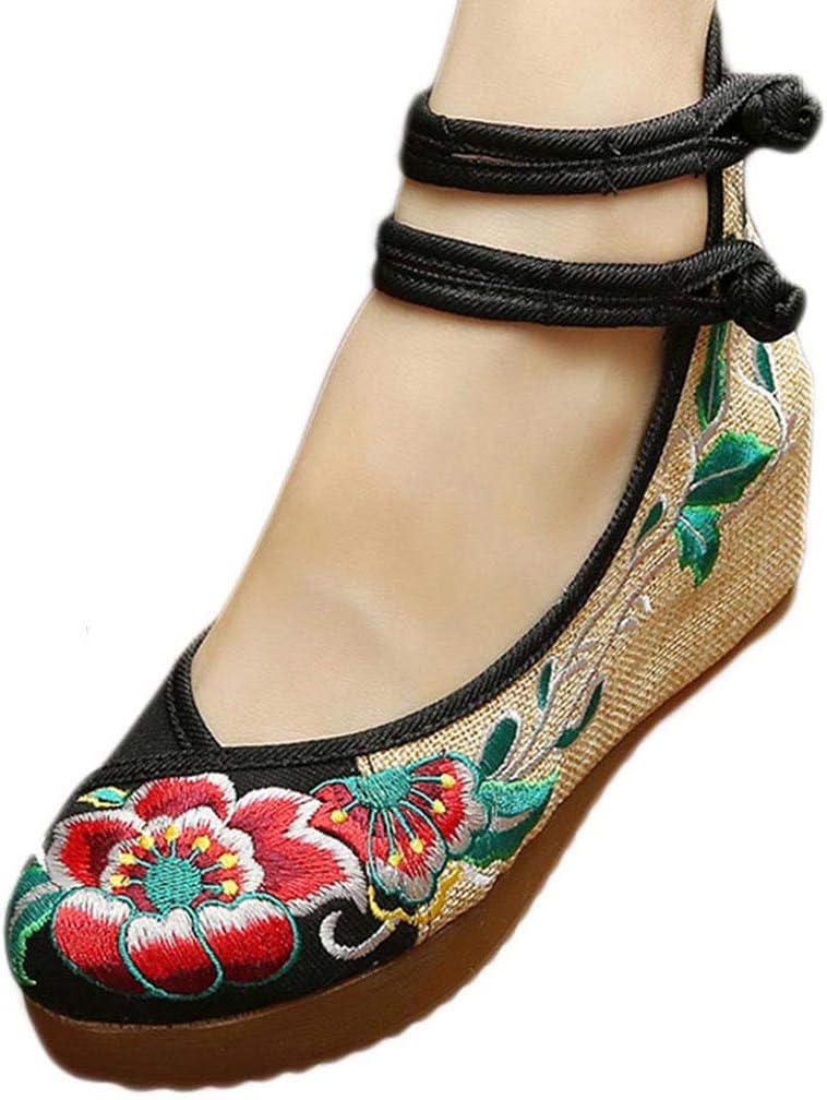 YIBLBOX Women's Chinese Traditional Ankle Strap Cloth Shoes Embroidery Floral Strappy Round Toe Platform Wedges Shoes