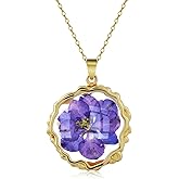 Larkspur Pressed Flower Necklace, Gold Pressed Wildflower Necklace Personalized Necklace Jewelry with Real Flowers, Purple Larkspur Represent First Love, Handmade Unique Resin Flower