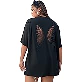 SOLY HUX Women's Plus Size Butterfly Embroidered Cut Out Back Half Sleeve T Shirt Casual Tee Tops