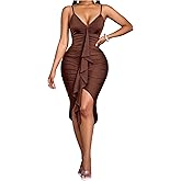 Milumia Women's Sexy Spaghetti Strap Bodycon Midi Dress V Neck Ruffle Trim Cocktail Party Dresses