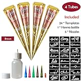COKOHAPPY Temporary Tattoo Kit, 4 Tube Brown Paste Cone Indian Body Art Painting Drawing with 24 x adhesive Stencil, 1 x Applicator Bottle and 5 x Plastic Nozzle