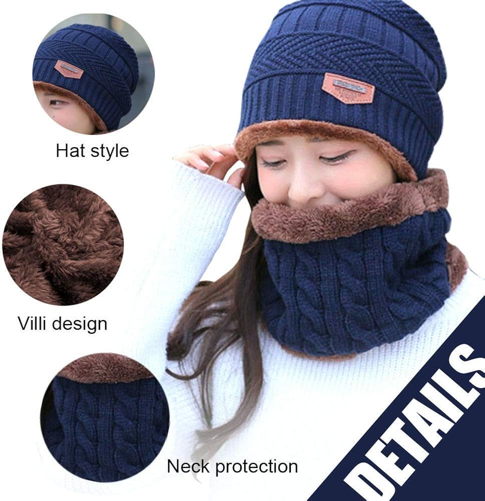 Bkrdty Winter Beanie Hat Scarf Set Fleece Liner Warm Knitted Hat and Circle Scarf for Men and Women Indoors and Outdoor Navy - Image 5