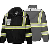 Besentinels Waterproof Hi Vis Safety Jackets for Men, High Visibility Reflective Jacket with Pockets, Long Type Rain Coats for Winter Construction with Black Bottom, Class 3, DJK-Black X-Large