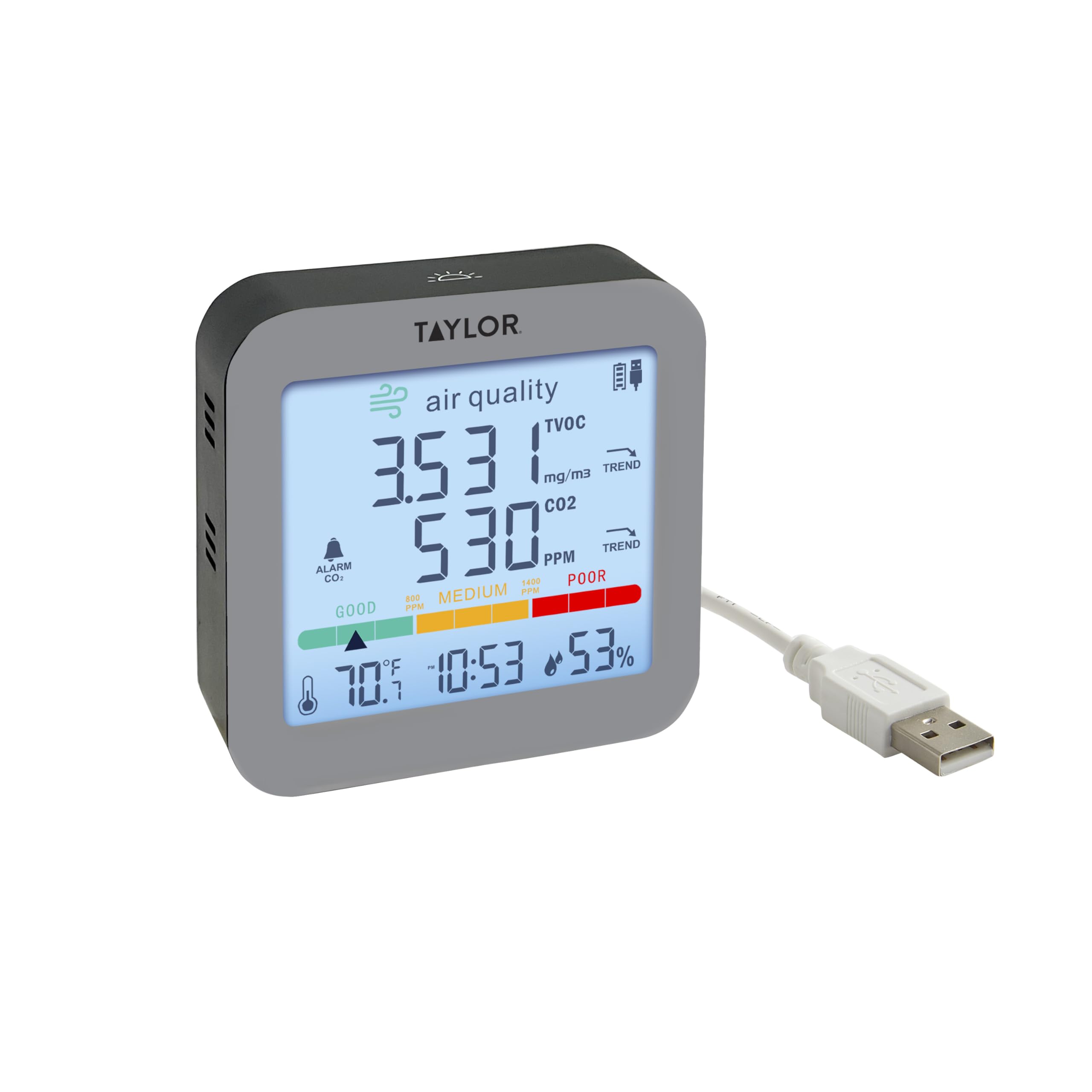 Photo 1 of Taylor Digital Air Quality Monitor with USB Power Cord and Wall Plug, TVOC and CO2 Monitor, Easy-to-Read Display for Home, Bedroom, Office, Greenhouse, Nursery, and Indoor Areas, LED, Silver sealed