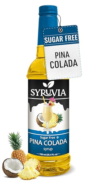 SYRUVIA SUGAR-FREE PINA COLADA SYRUP – 25.4 FL OZ. PREMIUM COFFEE FLAVORING SYRUP. 0 CALORIES, KOSHER, AND GLUTEN-FREE. PERFECT FOR DRINKS, SODAS, SHAKES, DESSERTS, AND MORE.