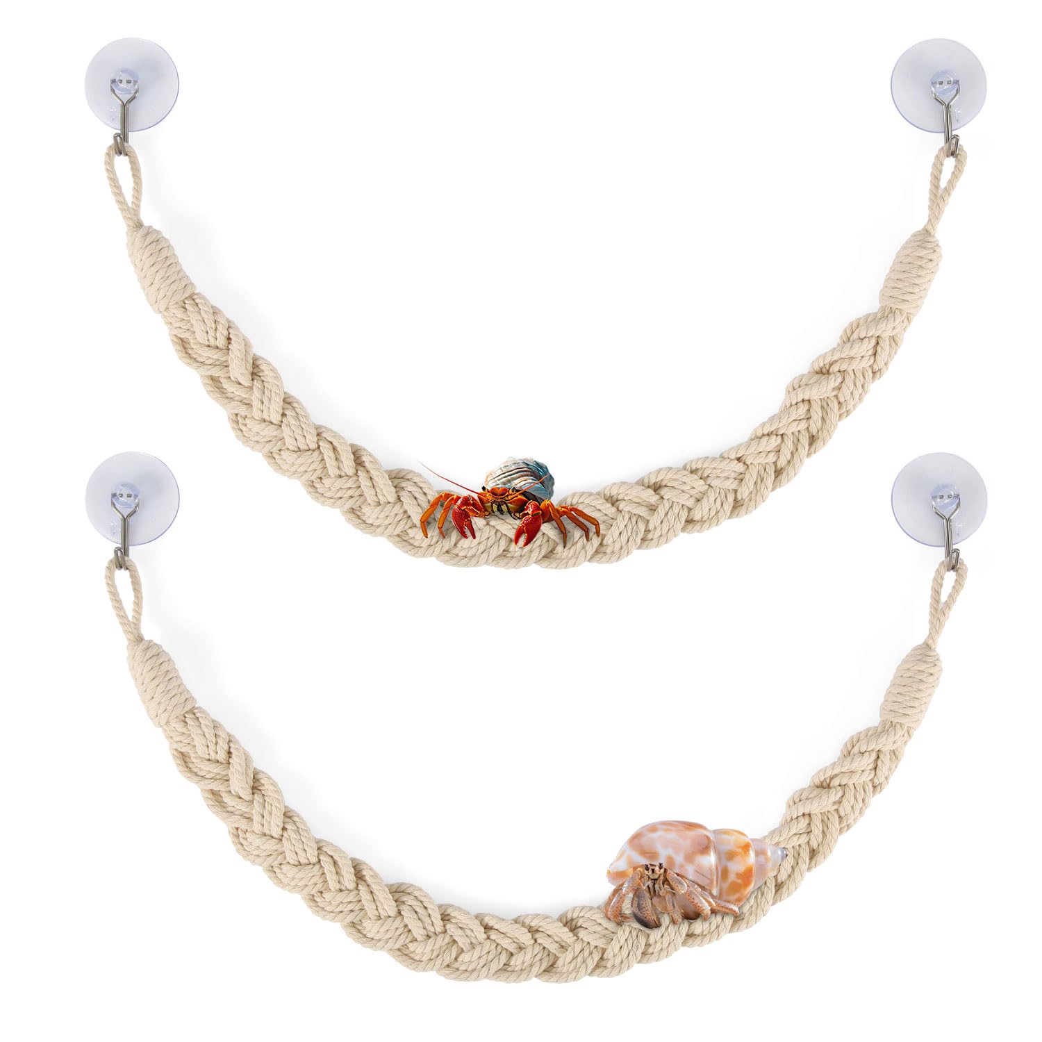 2pcs Hermit Crab Climbing Toys, Hermit Crab Climbing Rope Reptile Climbing Rope with 4 Hook Suction Cup Hermit Crab Ladder Hermit Crab Habitat Decor for Lizards Geckos Snakes Tree Frog (Beige)