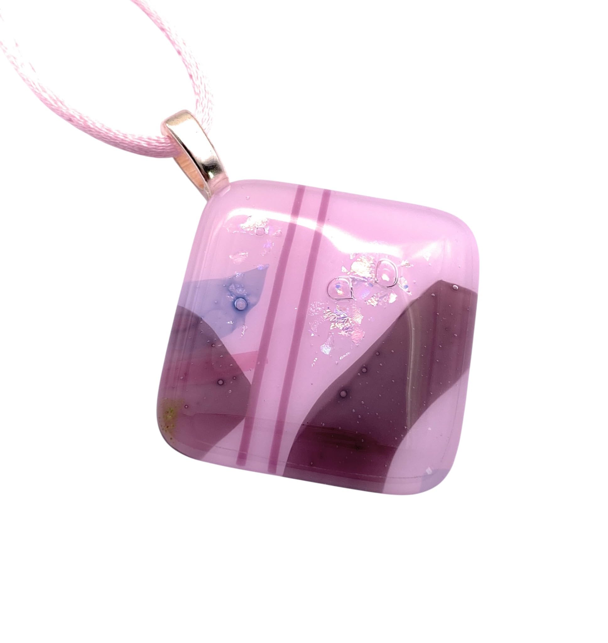 Dichroic Glass Pendant, Handmade Glass Pendant, Handmade Shiny Dichroic Necklace in Shades of Pink & Lilac, Chunky 3cm x 3cm