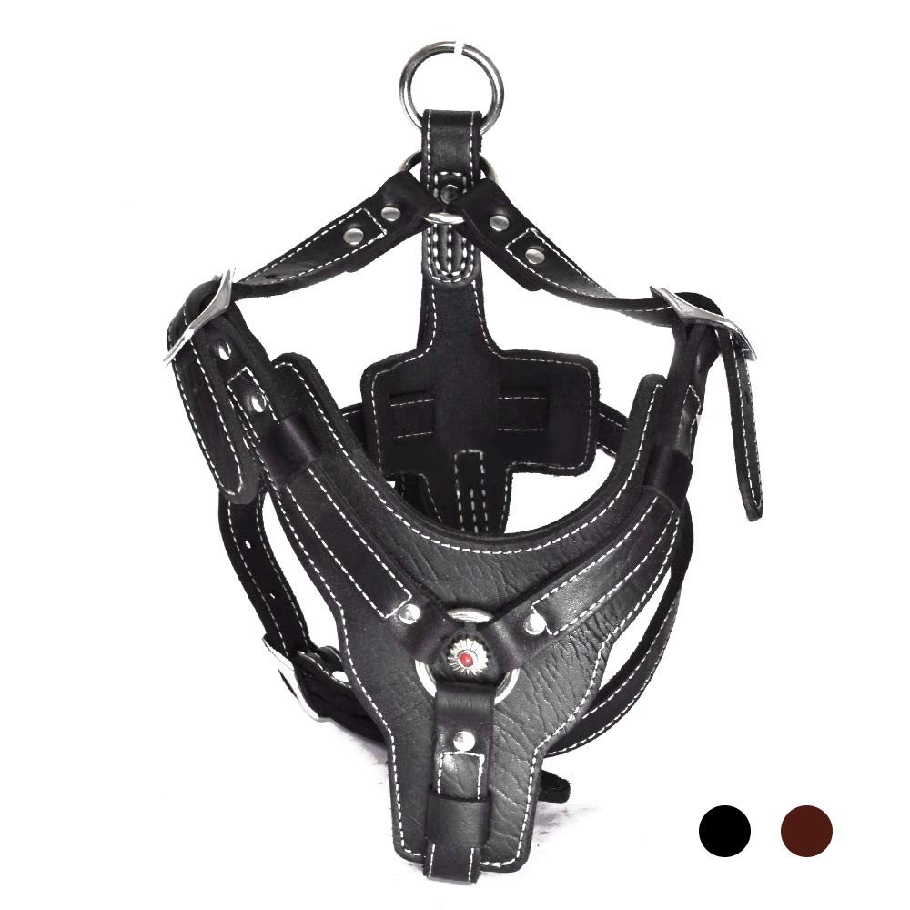 Photo 1 of PESHOUCO Leather Dog Harness Handmade Genuine Leather Durable Strong Pet Harness with Adjustable Straps No Pull Easy Control Pet Vest 24" - 28" Chest for Medium Small Dogs Black