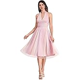 Glitter Sparkle Tulle Prom Dresses for Women Halter V Neck Sleeveless A-Line Wedding Party Short Vintage Homecoming Dress