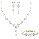 EVER FAITH Wedding Jewelry for Bride Bridesmaid, Stunning Rhinestone Crystal Flower Costume Prom Y-Shaped Necklace Dangle Earrings Bracelet Sets for Women