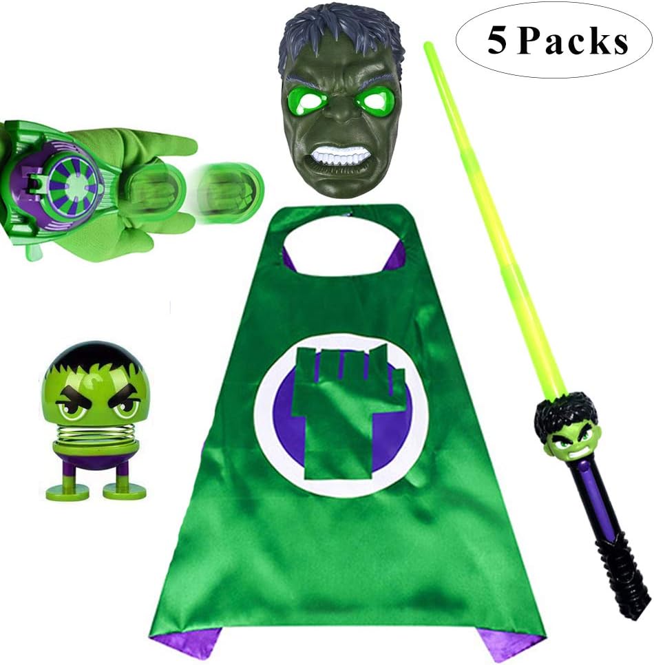 Fundisinn Cartoon Superhero Costume 4 Packs Light Mask & Satin Cape & & Adjustable Sword & Fire Gloves Dress Up Costumes for Kids