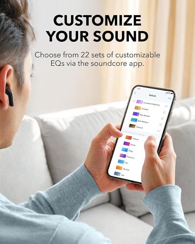 K20i di Anker, auricolari wireless semi-in-ear, Bluetooth 5.3, 36 ore di riproduzione, ricarica rapida, suono nitido e chiamate con 2 microfoni ENC, EQ personalizzata, IPX5, controllo app