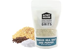 THE TINY HOUSE FINE SOUTHERN FOODS The Tiny House Stone Ground White Corn Seasoned Grits with Hickory Smoked Salt and Cracked Pepper Seasoning - Old Fashioned Flavored Grits - Easy to Prepare Southern Grits – Proudly Made in the USA - Resealable 12 Ounce Bag