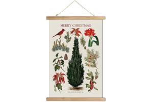 XIAOAIKA Vintage Christmas Tree Wall Decor Printed on Linen Fabric with Scroll Style Wooden Frame: Festive Plants and Red Bird Design for Home and Holiday Celebrations (16" x 23")