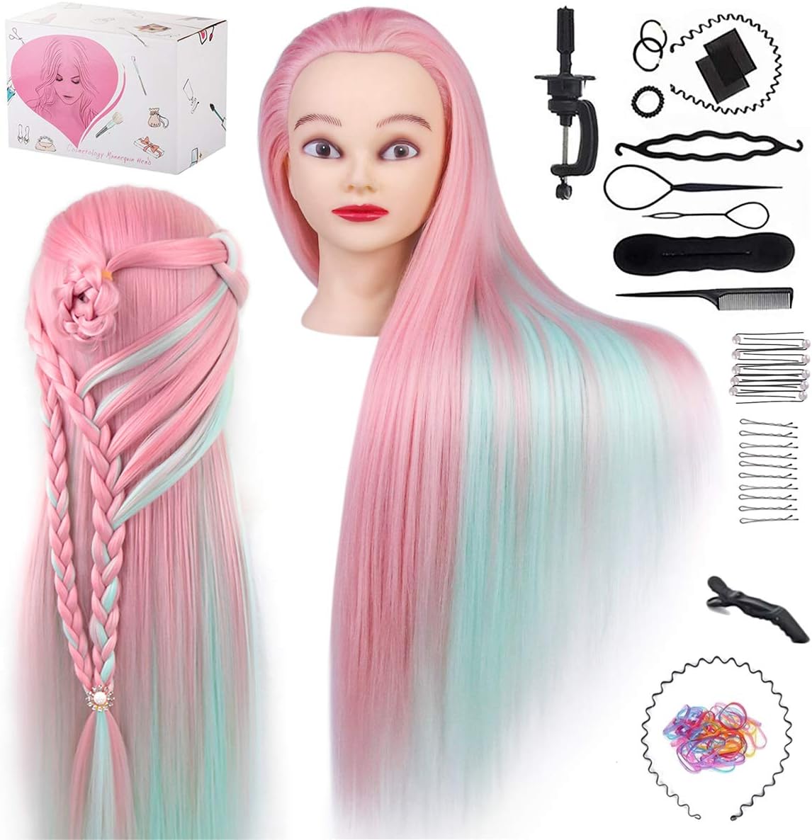 TwoWin Hairdressing Training Head, 28" Synthetic Fiber Hair Mannequin Head