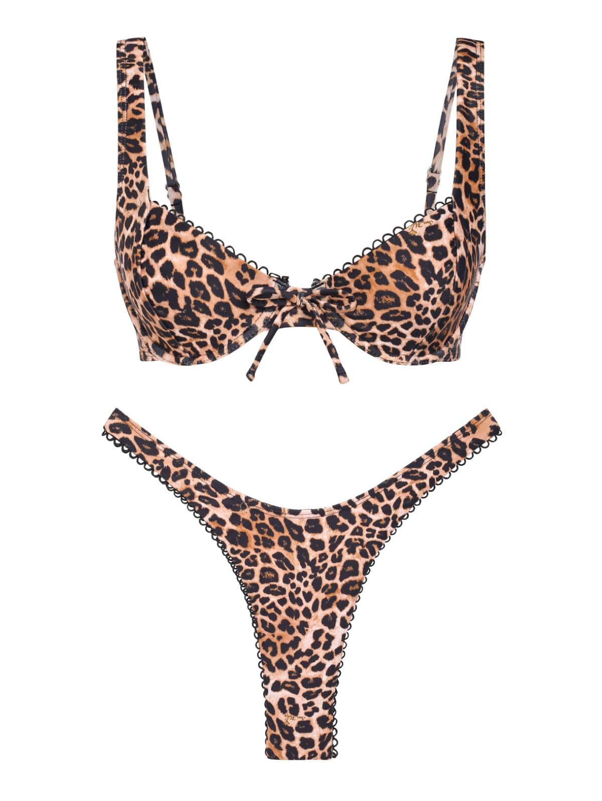 Photo 1 of seamoly Leopard Picot Trim Bowknot Decor Underwire High Leg Bikini Set,Coffee,XS