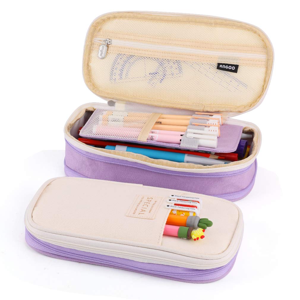 iSuperb Pencil Case Large Capacity Student Purple Pencil Bag Canvas Pencil Pouch for Girls Boys ，Pen Stationery Storage Bag Double Zipper Pencil Organizer School Office