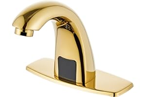 Luxice Polish Gold Touchless Bathroom Sink Faucet - Automatic Motion Sensor Battery Opertated with Temperature Mixing Valve for Commercial Lavatory