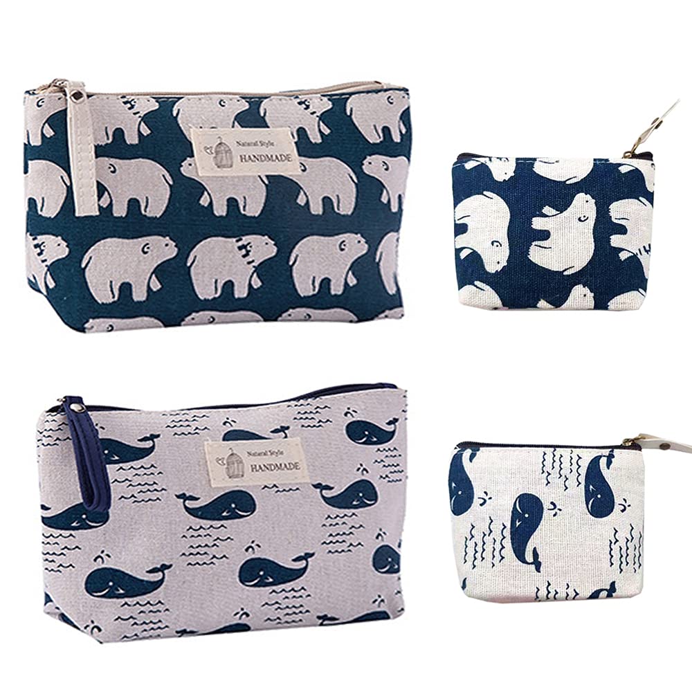 4 Pieces Printed Cosmetic Bags, Canvas Pencil Pen Zipper Pouch, Canvas Makeup Bags, Cute Pencil Zipper Box, Women Coin Purses, for Coins,Small Items, 2 Size(Whale + Polar Bear)