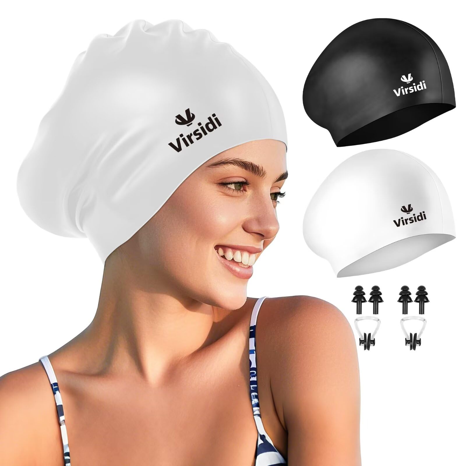 Photo 1 of 2 Pack Large Swim Caps for Long Hair, Silicone Swimming Cap for Adult Women Men, Waterproof Swim Hats Bathing Caps to Keep Hair Dry with Bonus Nose Clip and Earplugs-03