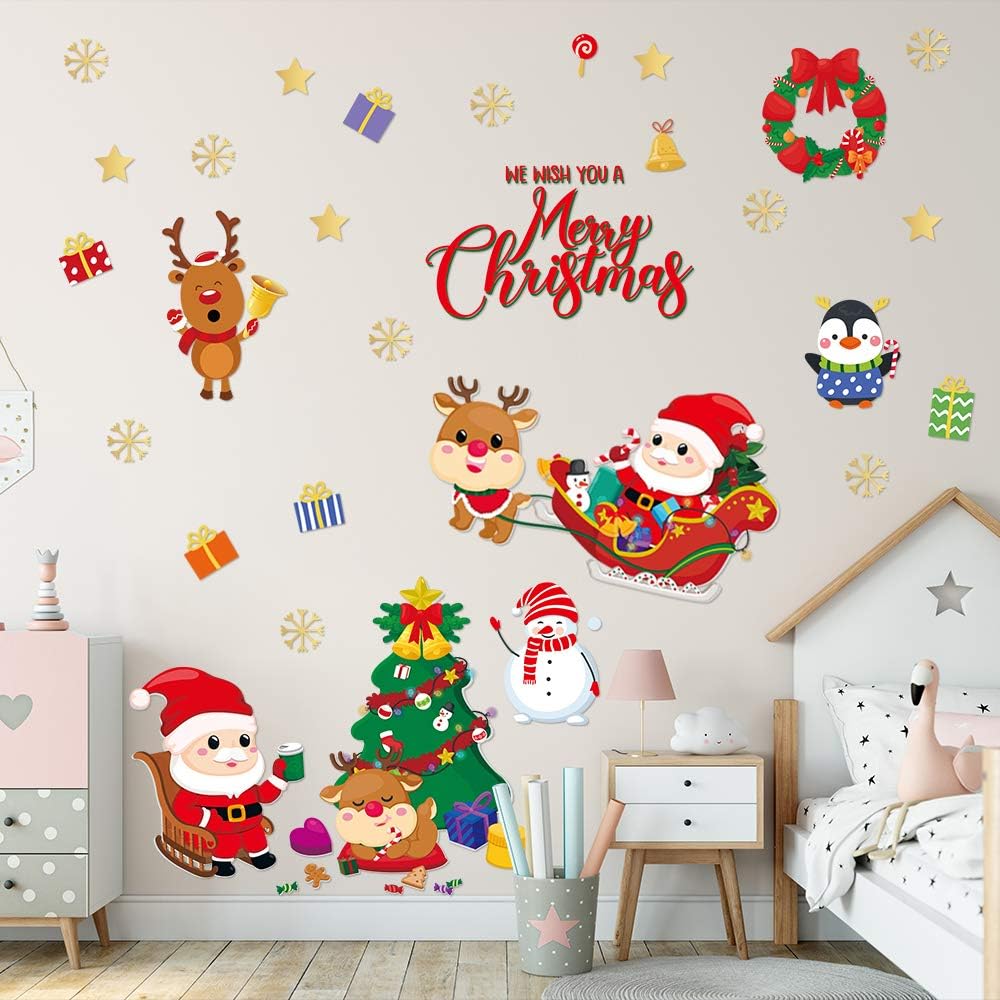 Supzone Christmas Wall Stickers Santa Claus Elk Wall Decals Snowman Removable Vinyl DIY Snowman Wall Decor for Christmas Party Window Playroom Bedroom Classroom Living Room