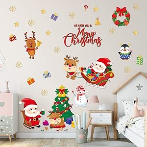 Supzone Christmas Wall Stickers Santa Claus Elk Wall Decals Snowman Removable Vinyl DIY Snowman Wall Decor for Christmas Party Window Playroom Bedroom Classroom Living Room