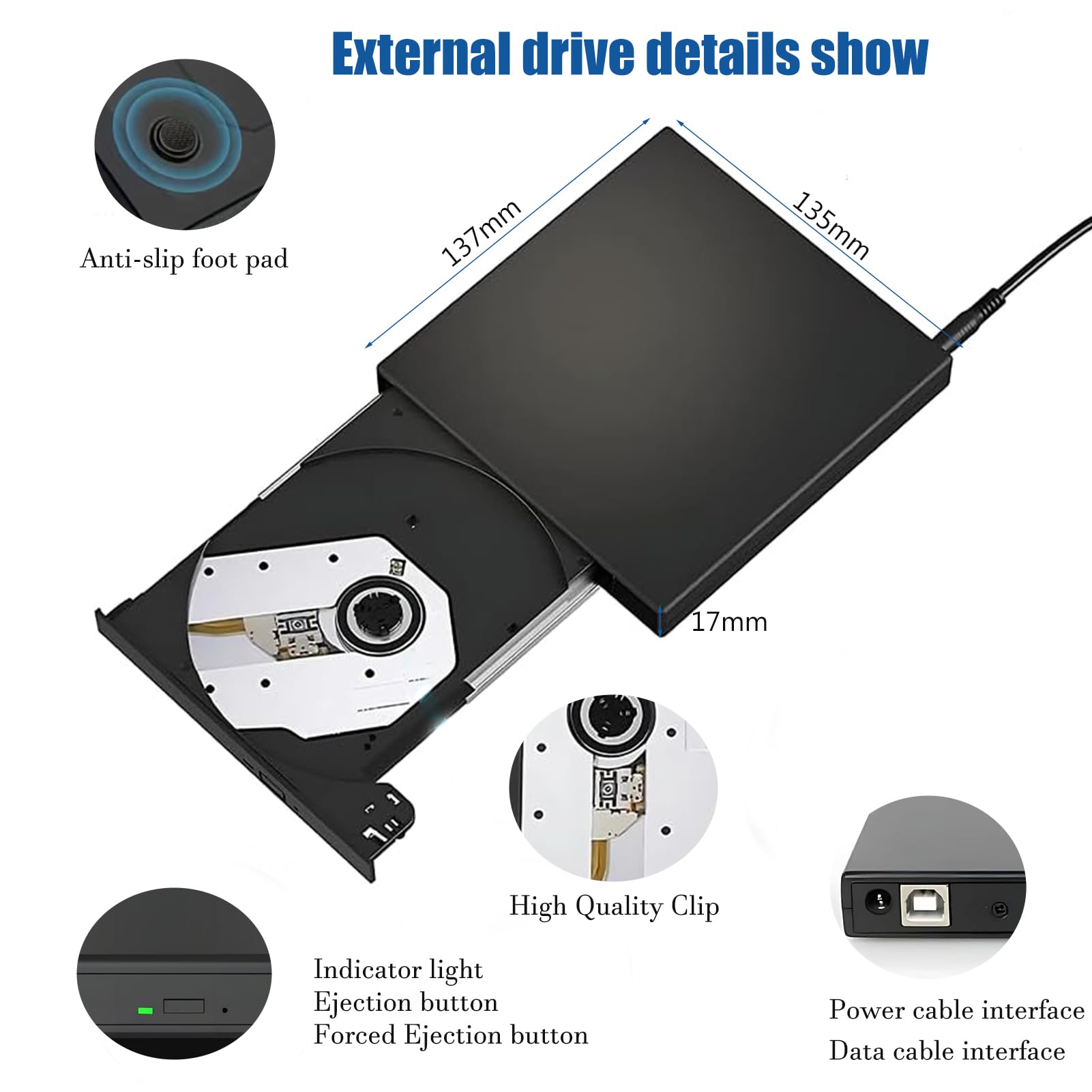External CD/DVD Drive for Laptop PC,USB Silm Portable CD Burner +/-RW DVD ROM Player Reader Writer Optical Disc Drive for Laptop Desktop PC Windows 11/10/8/7 Linux OS Mac Macbook（with Type-C adapter）