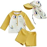 DuAnyozu Baby Boys Swimsuit Long Sleeve Rash Guard Swimwear Baby Boy Swim Trunk with Hat Set 3-Piece Toddler Bathing Suit