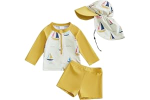 DuAnyozu Baby Boys Swimsuit Long Sleeve Rash Guard Swimwear Baby Boy Swim Trunk with Hat Set 3-Piece Toddler Bathing Suit