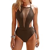 ZAFUL Womens Bathing Suits One Piece Halter Neck Mesh Swimsuit Sexy Cutout Open Back Swim Suit Cheeky Swimwear Deep Coffee M