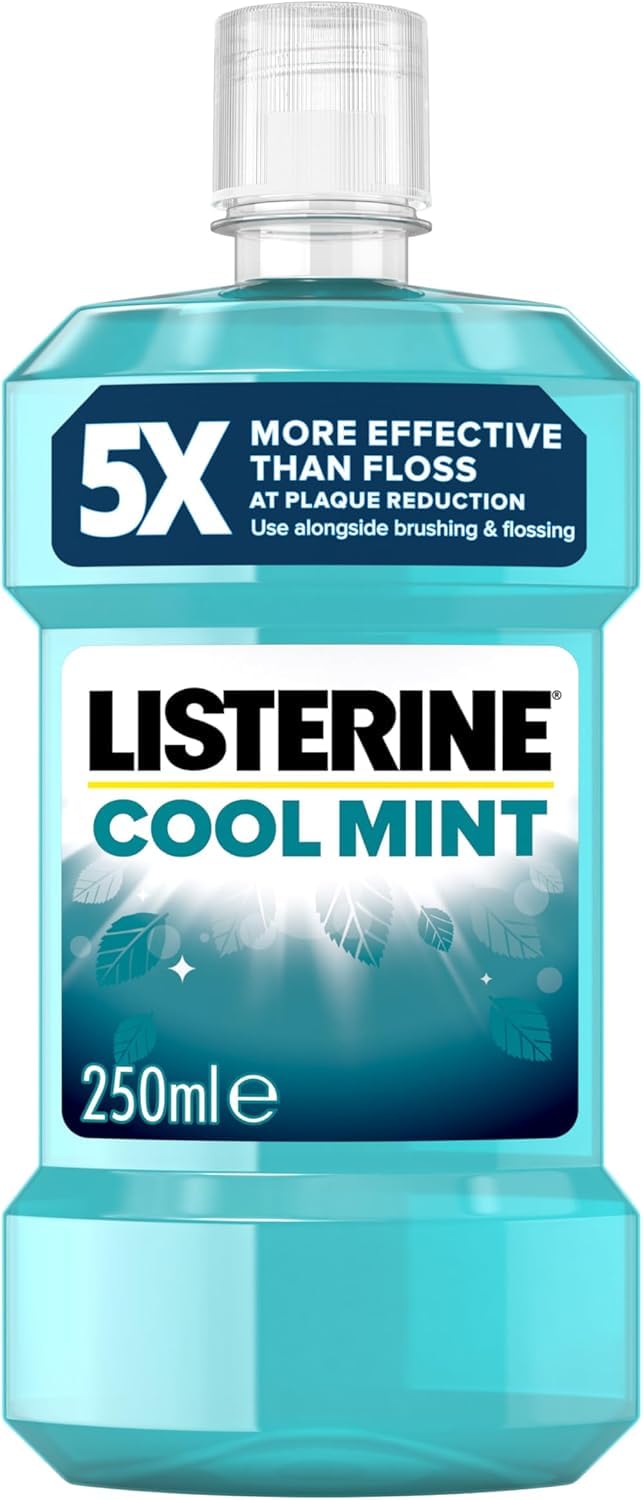 Listerine Cool Mint Antibacterial Mouthwash (250ml), Helps Kill Up to 99% of Germs Left After Brushing and Reduce Plaque, Mouthwash to Freshen Breath and Maintain Healthy Gums