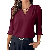 EVALESS Women's 3/4 Sleeve Tops Dressy Casual Pleated V Neck Business Work Blouses Office Shirts