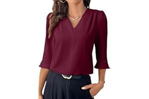 EVALESS Women's 3/4 Sleeve Tops Dressy Casual Pleated V Neck Business Work Blouses Office Shirts