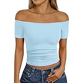 Trendy Queen Summer Off The Shoulder Tops for Women Going Out Short Sleeve Shirts Cute Y2K Sexy Basic Clothes 2026 Fashion