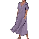 AUDATE Women's Plus Size Short Sleeve Casual Cotton Linen Long Dress Crew Neck Button Summer Beach Maxi Dress