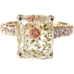 SMEKHOXO Retro Court-Style Gold Square Rose Vine Crystal Ring | Engagement Ring, Promise Ring, Crystal Embellishment, Rose Vi