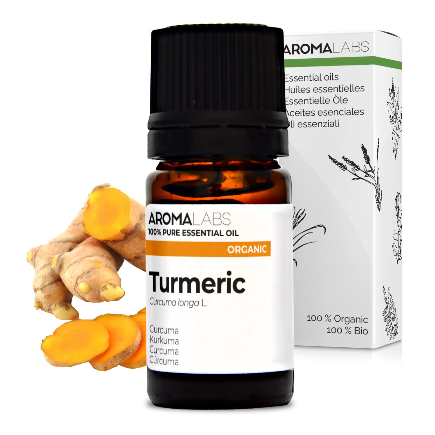 BIO - Turmeric Essential Oil - 5mL - 100% Pure, Natural, Chemotyped and AB/Cosmos Certified - AROMA LABS (French Brand)